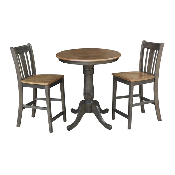 International Concepts Round 30 in Rd Ped Gathering Ht Table, 2 San Remo Stools, Hickory/Coal, 30 in W, 30 in L, 35.1 in H K45-30RT-6B-S102-2 - main